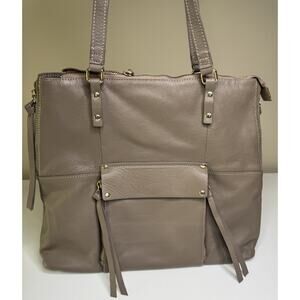 Kooba Everette Tote Bag Taupe Leather Zip Top Double Handle Zip Side Shopper
